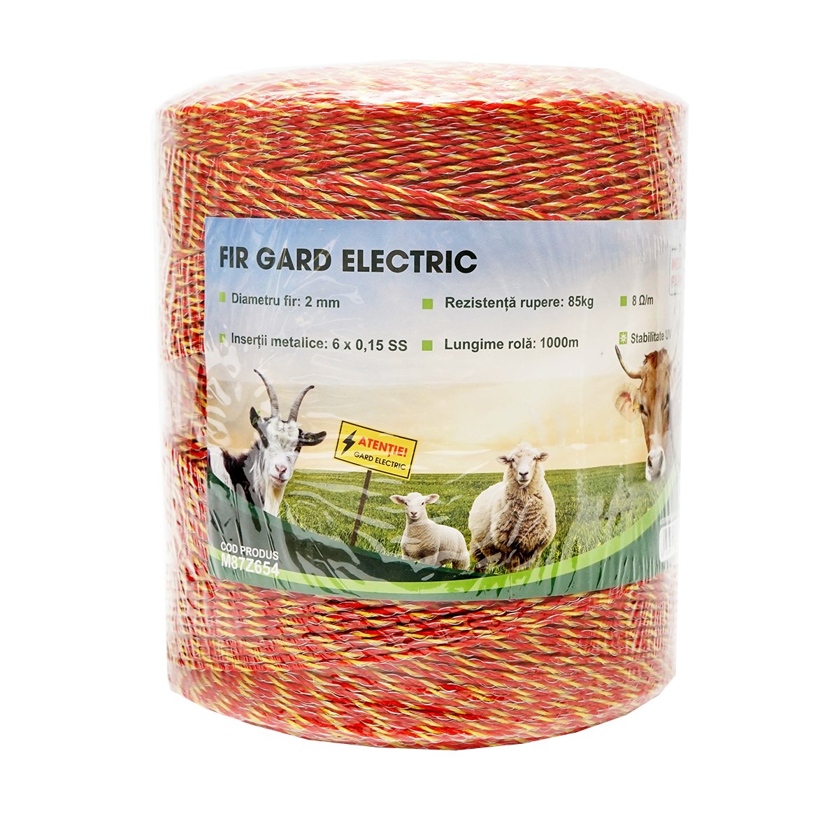 Rola fir galben-rosu fi 2mm insertie metalica 6x0.15mm SS, rezistenta 8 Ohm/m, 1000m gard electric Mezofarm